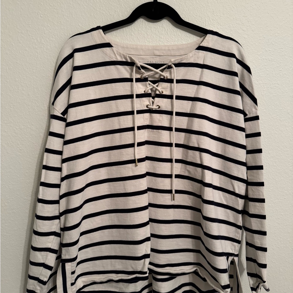 Talbots Black and White Striped Lace-Up Top